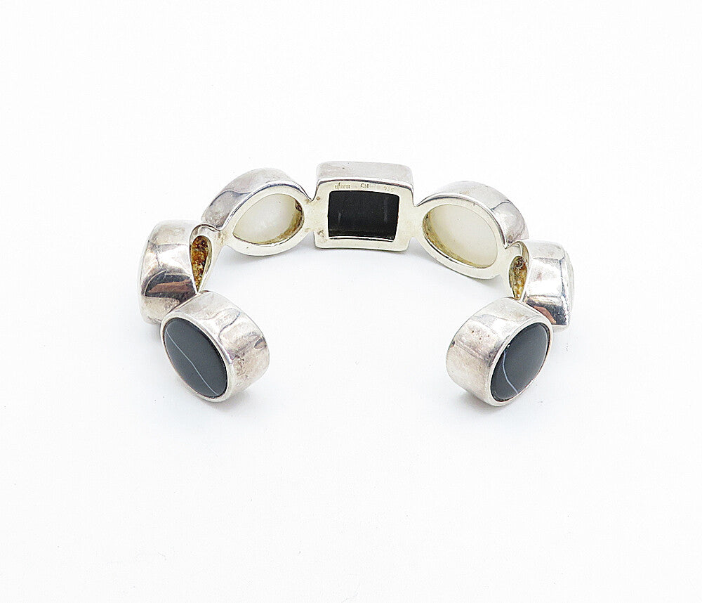 ISHARYA 925 Silver Quartz & Black Agate Multi Shape Cuff Bracelet BT3057