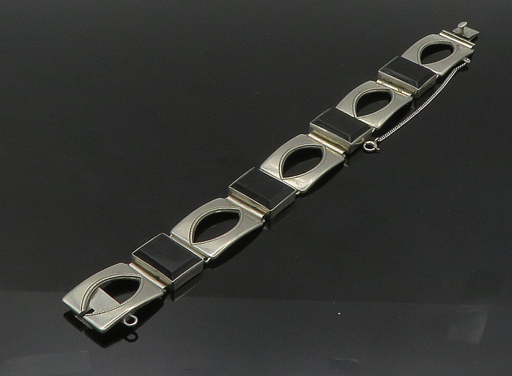 GERMANY 925 Silver  Vintage Black Onyx Square Hinge Chain Bracelet  BT9227