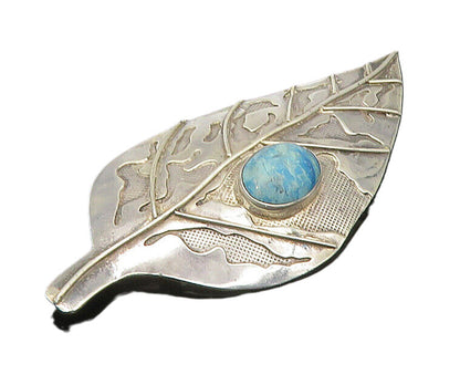 925 Sterling Silver  Vintage Cabochon Cut Turquoise Leaf Brooch Pin   BP9230