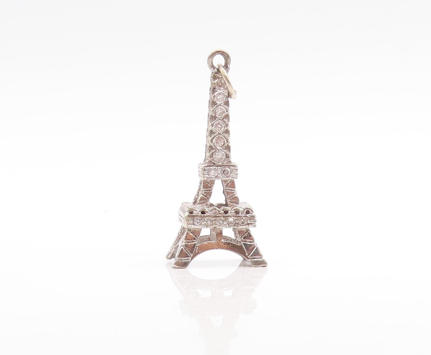 925 Sterling Silver Vintage Pendant Solid Cutout CZ Inlay Eiffel Tower  PT23705