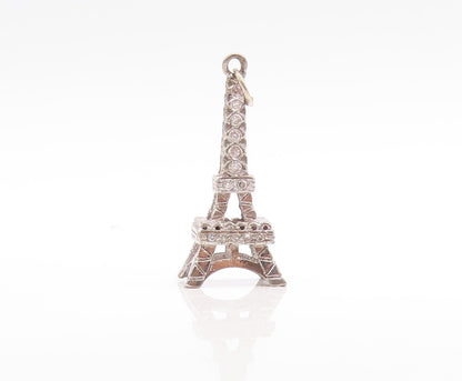 925 Sterling Silver Vintage Pendant Solid Cutout CZ Inlay Eiffel Tower  PT23705