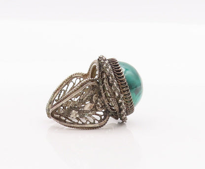 925 Sterling Silver Vintage Ring ISRAEL Floral Cutout Malachite  Sz 5.5  RG28486