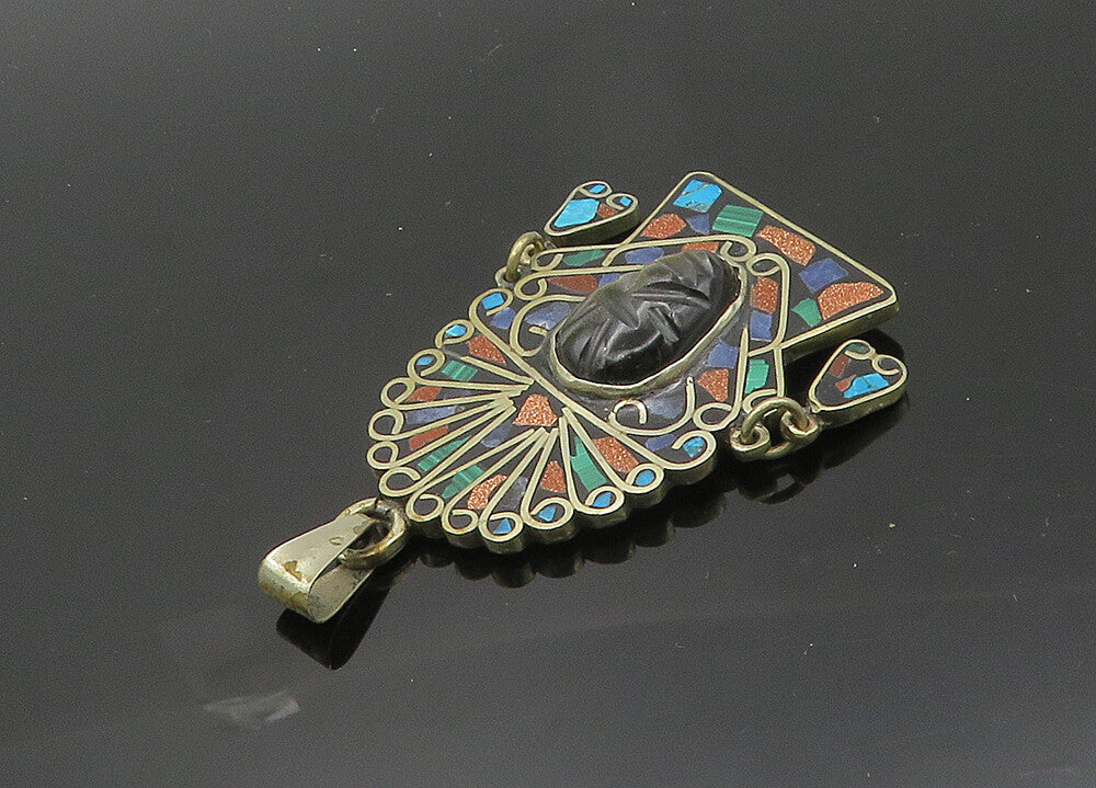 MEXICO 925 Silver Vintage Face Carved Obsidian & Multi Stone Pendant PT16768