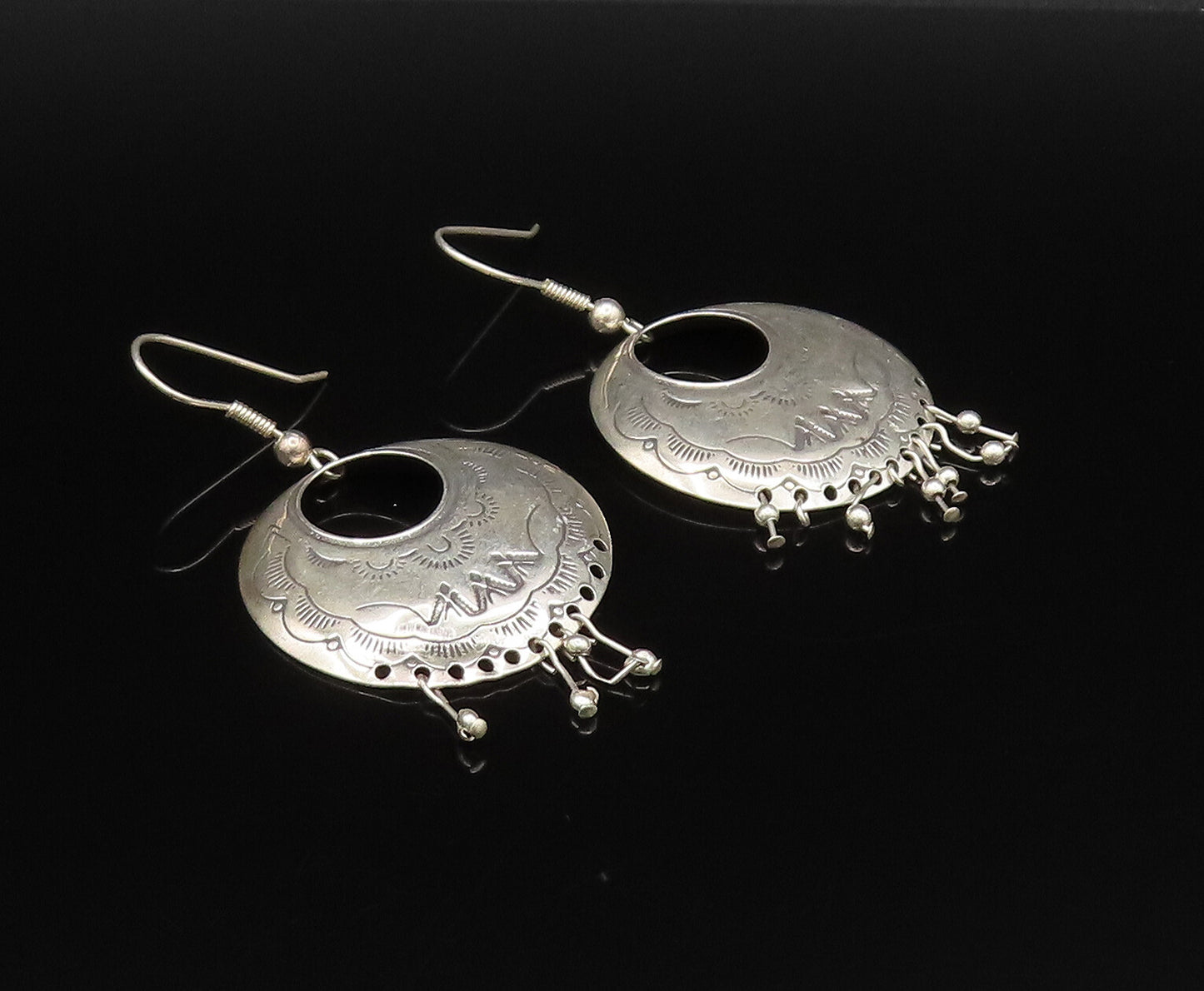 CAROLYN POLLACK 925 Silver  Vintage Etched Open Circle Beaded Earrings EG12242
