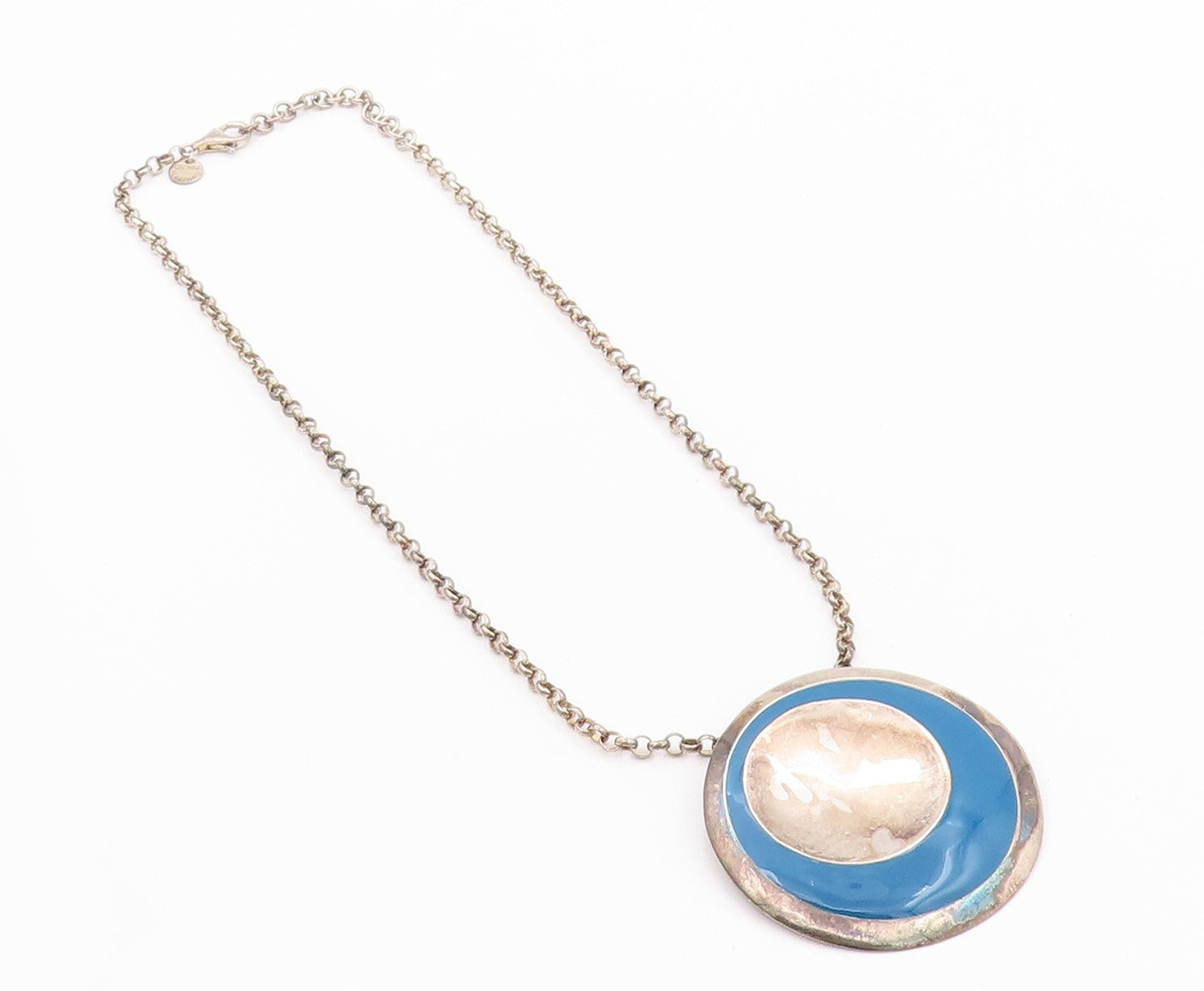 925 Sterling Silver Vintage Necklace RLM Designer Blue Enameled Disk  NE4505