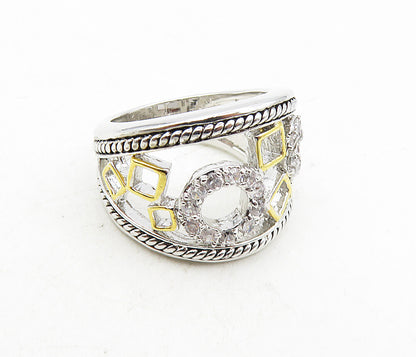 925 Sterling Silver   Shiny Cubic Zirconia Open 2 Tone Band Ring Sz 6  RG9184