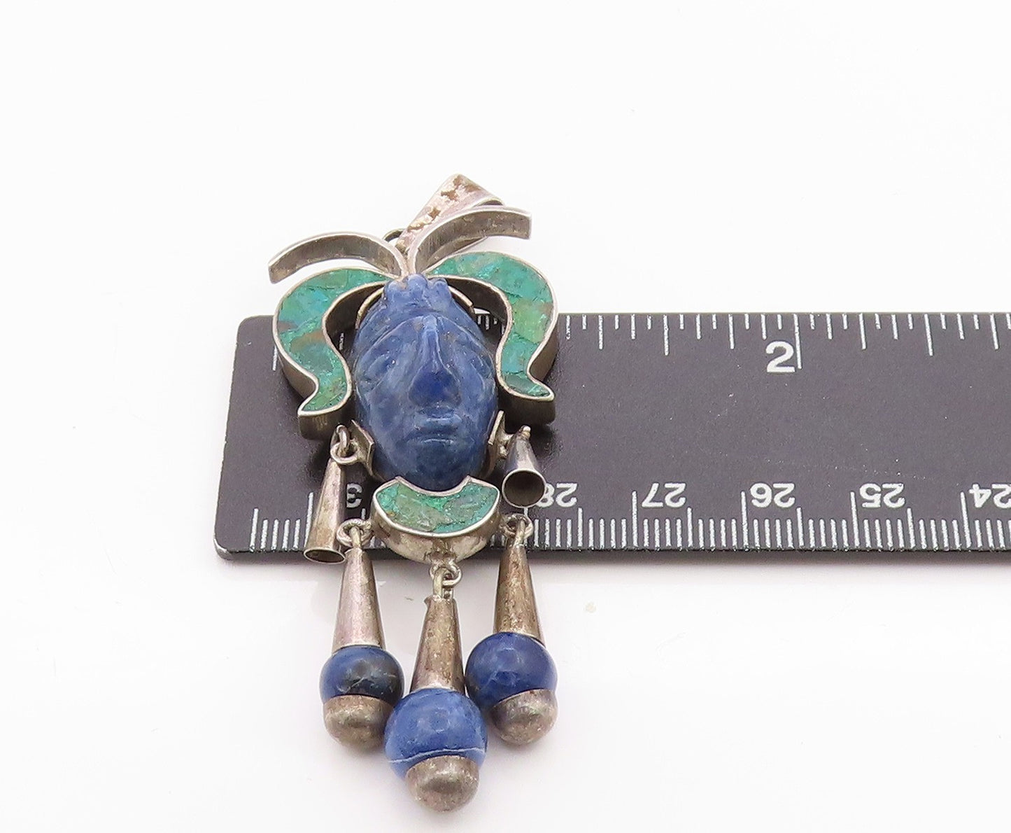 925 Sterling Silver Vintage Pendant MEXICO Turquoise Trible Man Carved  PT24342