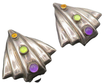 925 Silver Vintage Amethyst & Multi Stone Heavy Non Pierce Earrings EG10281