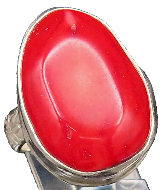 925 Silver  Vintage Unique Red Agate Engraved Floral Band Ring Sz 9.5  RG25710