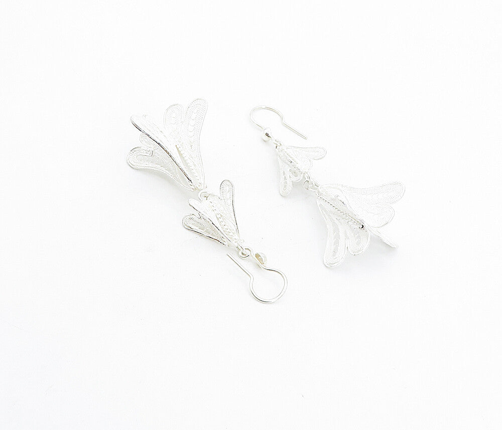 925 Sterling Silver  Shiny Filigree Detail Floral Link Dangle Earrings  EG3428
