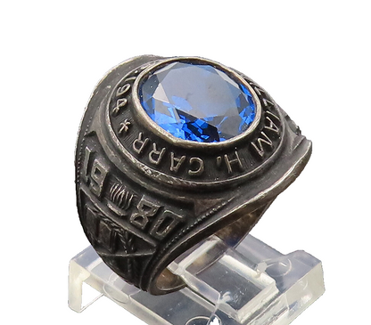 REED & CO. 925 Silver  Vintage Carved Sapphire 1980 School Ring Sz 8  RG27517