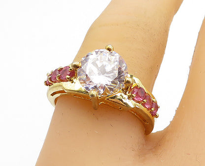 925 Silver  Cubic Zirconia & Pink Topaz Solitaire Accent Ring Sz 7.5  RG4964