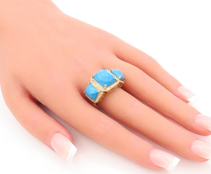 925 Sterling Silver Vintage Ring Gold Plated Diamonds &Turquoise  Sz 7.5 RG29242