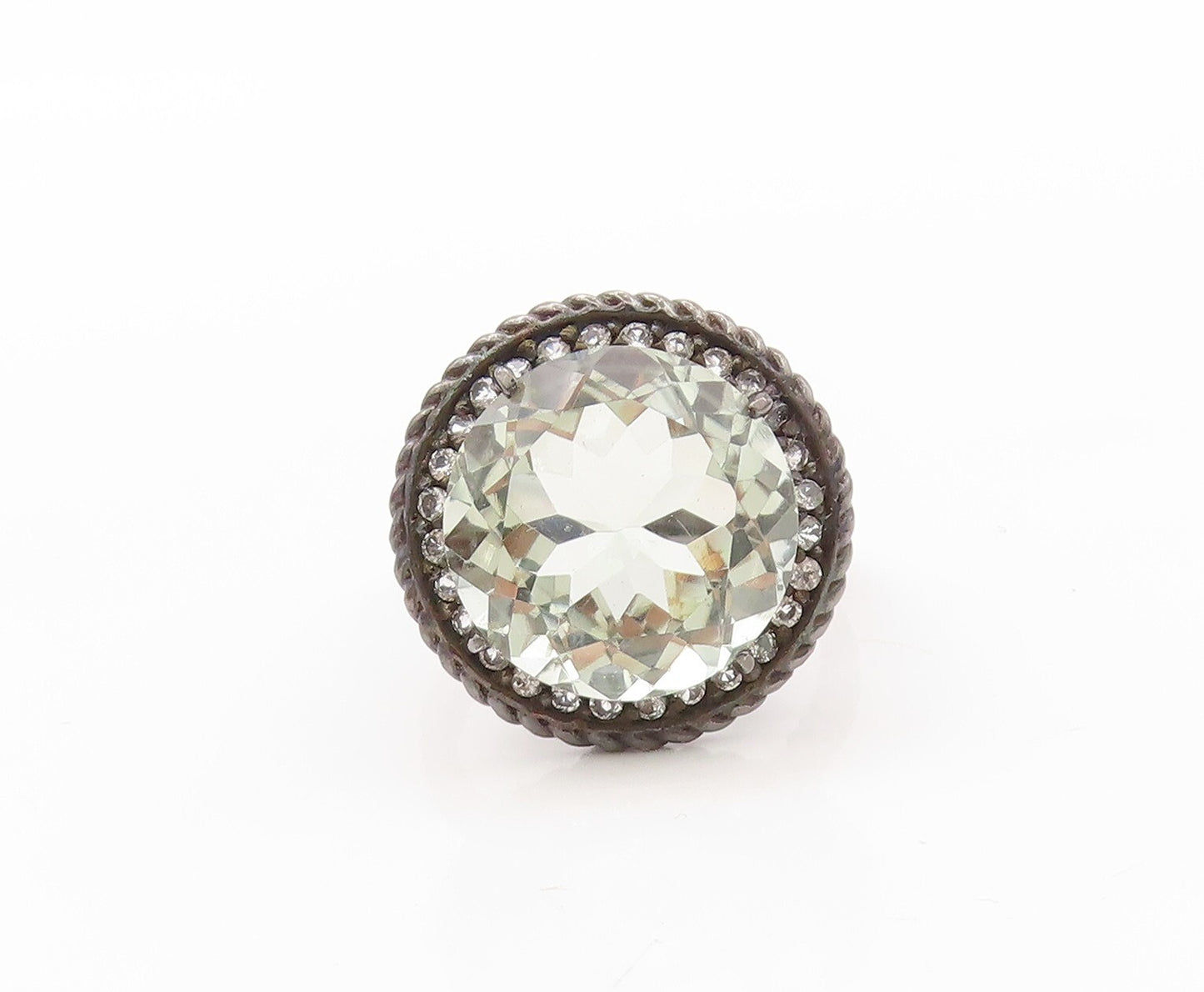 925 Sterling Silver Vintage Ring Twisted Rope Green Amethyst & CZ Sz 7.5 RG30754