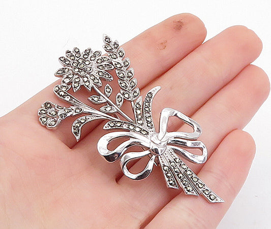 925 Sterling Silver  Vintage Marcasite Ribbon Tied Flower Brooch Pin  BP1301