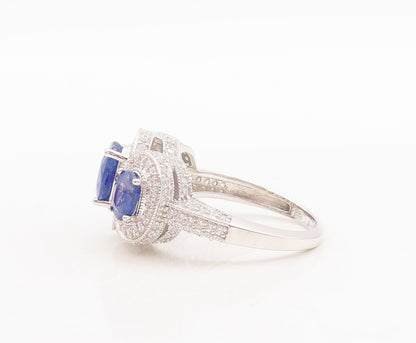 925 Sterling Silver Vintage Ring Oval Cut Sapphire Halo CZ Bands  Sz 8  RG29757