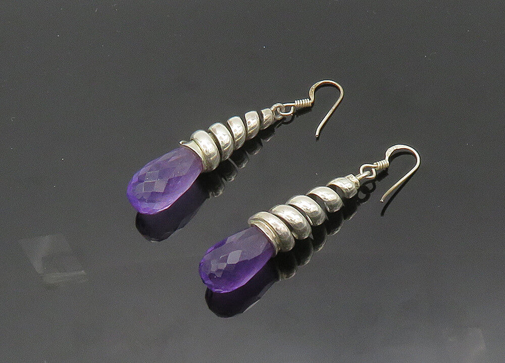 925 Sterling Silver  Vintage Faceted Amethyst Shiny Rain Drop Earrings  EG9913