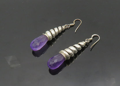 925 Sterling Silver  Vintage Faceted Amethyst Shiny Rain Drop Earrings  EG9913
