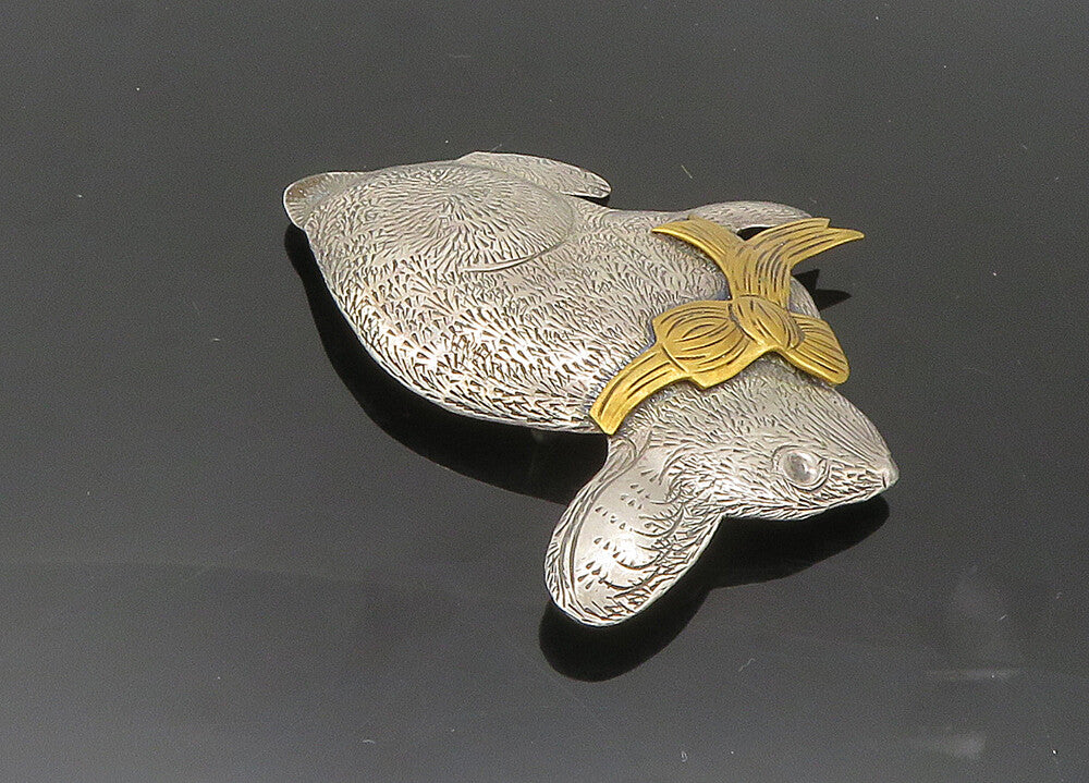 925 Sterling Silver  Vintage Two Tone Etched Rabbit Motif Brooch Pin  BP8216