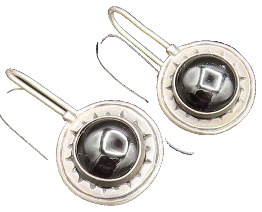925 Sterling Silver  Vintage Black Onyx Etched Star Drop Earrings  EG11924
