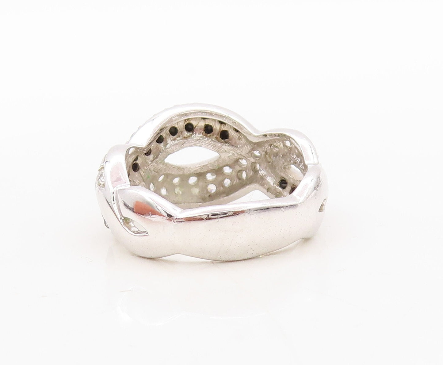 925 Sterling Silver Vintage Ring Solid Interlocked CZ & Spinel Wave Sz 7 RG31039