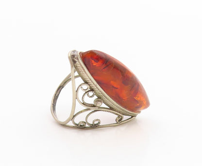 925 Sterling Silver Vintage Ring Cabochon Honey Amber Scroll Band  Sz 8  RG35945