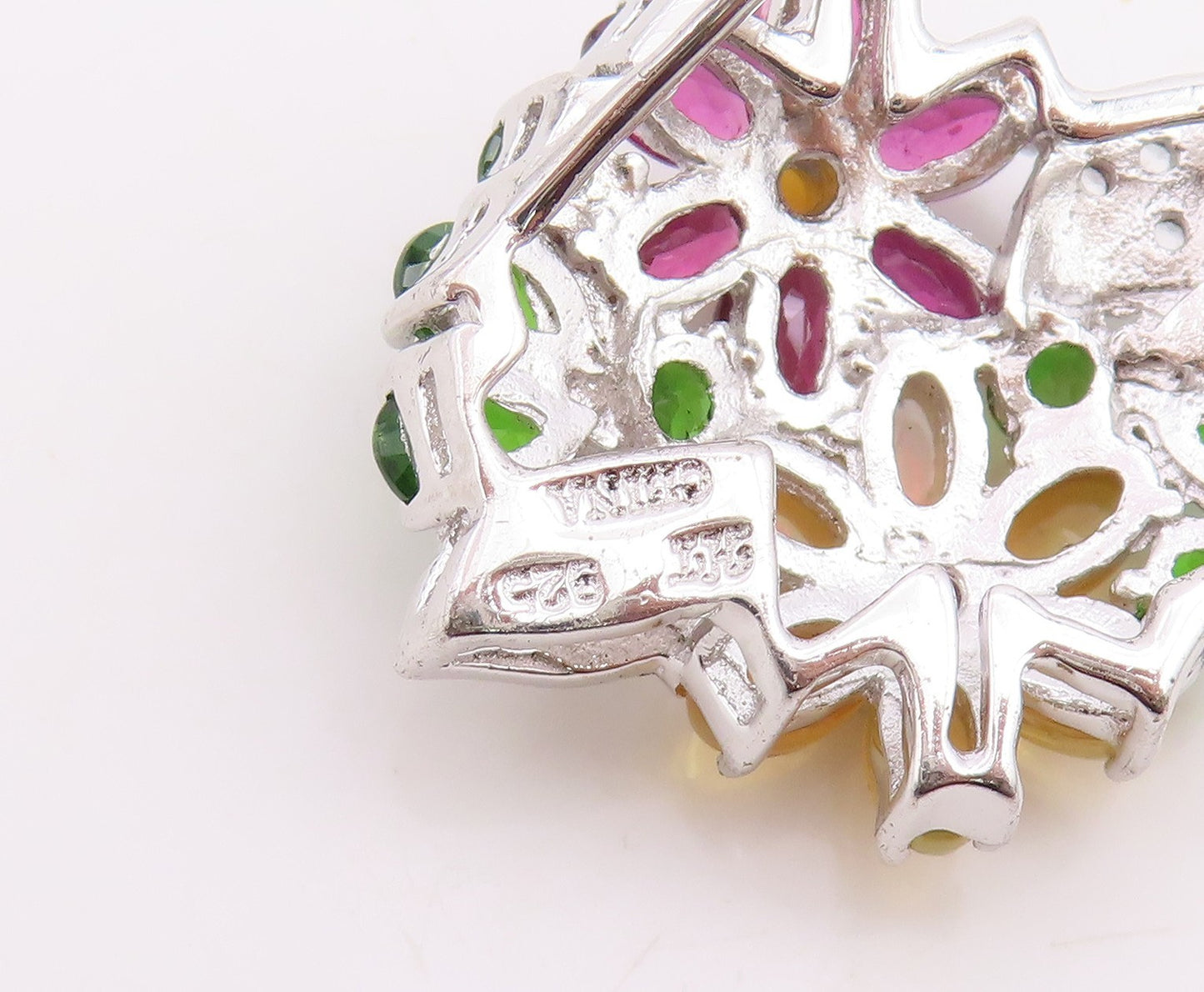 925 Sterling Silver Vintage Pendant Elegant Multi Gemstone Floral Charm  PT25856