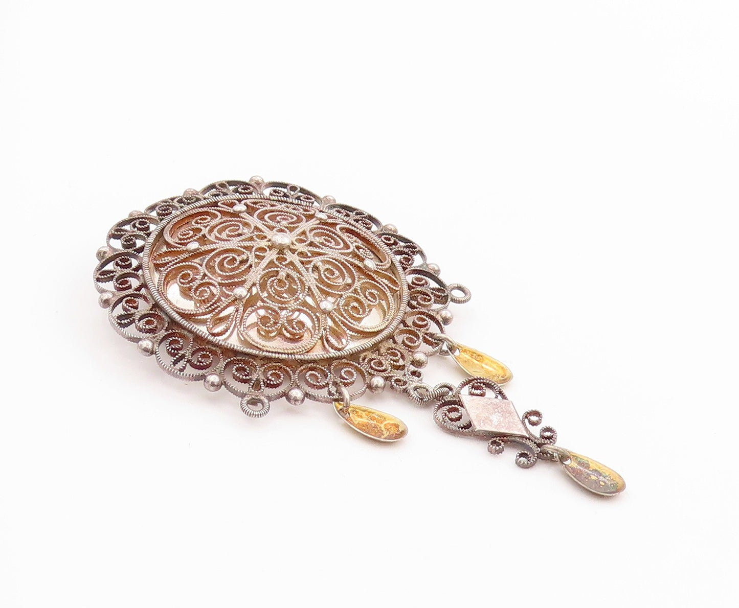 925 Sterling Silver Vintage Brooch EUROPE Floral Filigree With Dangles  BP11822