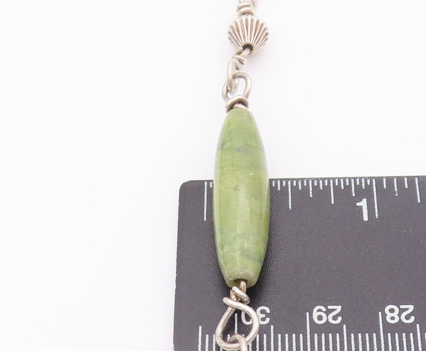 925 Sterling Silver Vintage Necklace Cylindrical Carved Green Marbles  NE4256