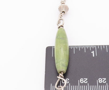 925 Sterling Silver Vintage Necklace Cylindrical Carved Green Marbles  NE4256