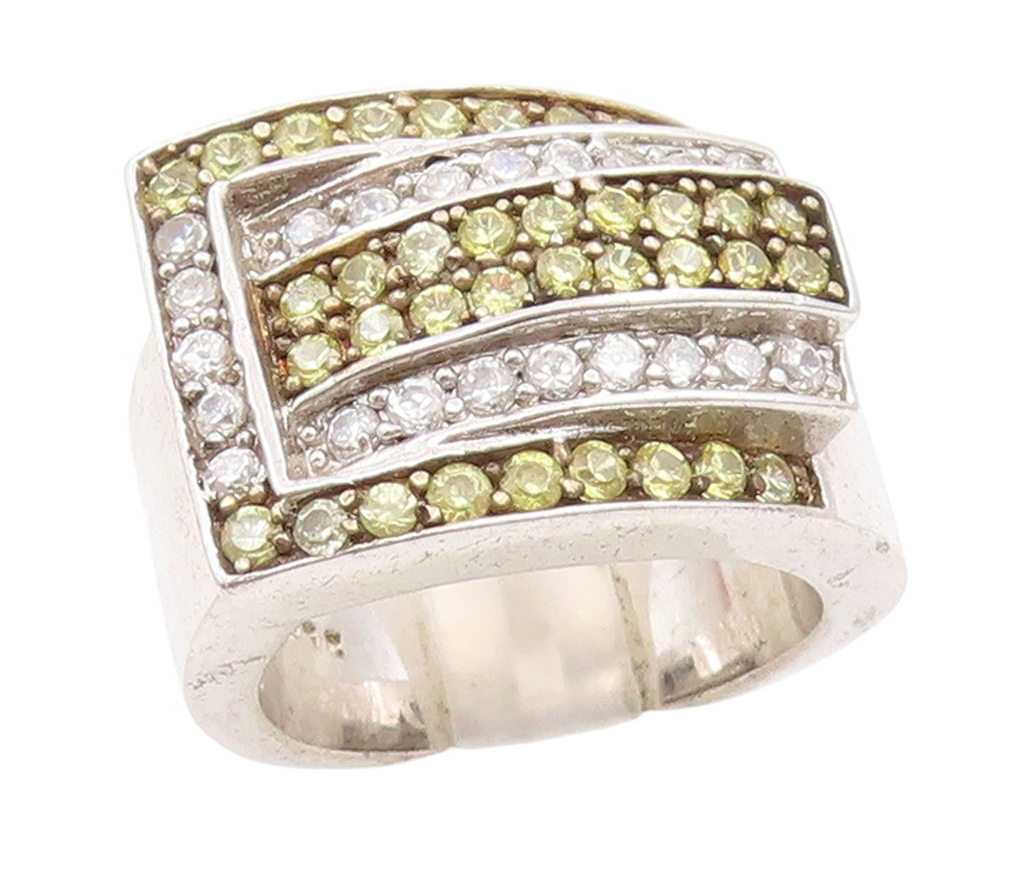 925 Sterling Silver Vintage Ring Sparkling CZ Belt Buckle Band  Sz 8.5  RG34438