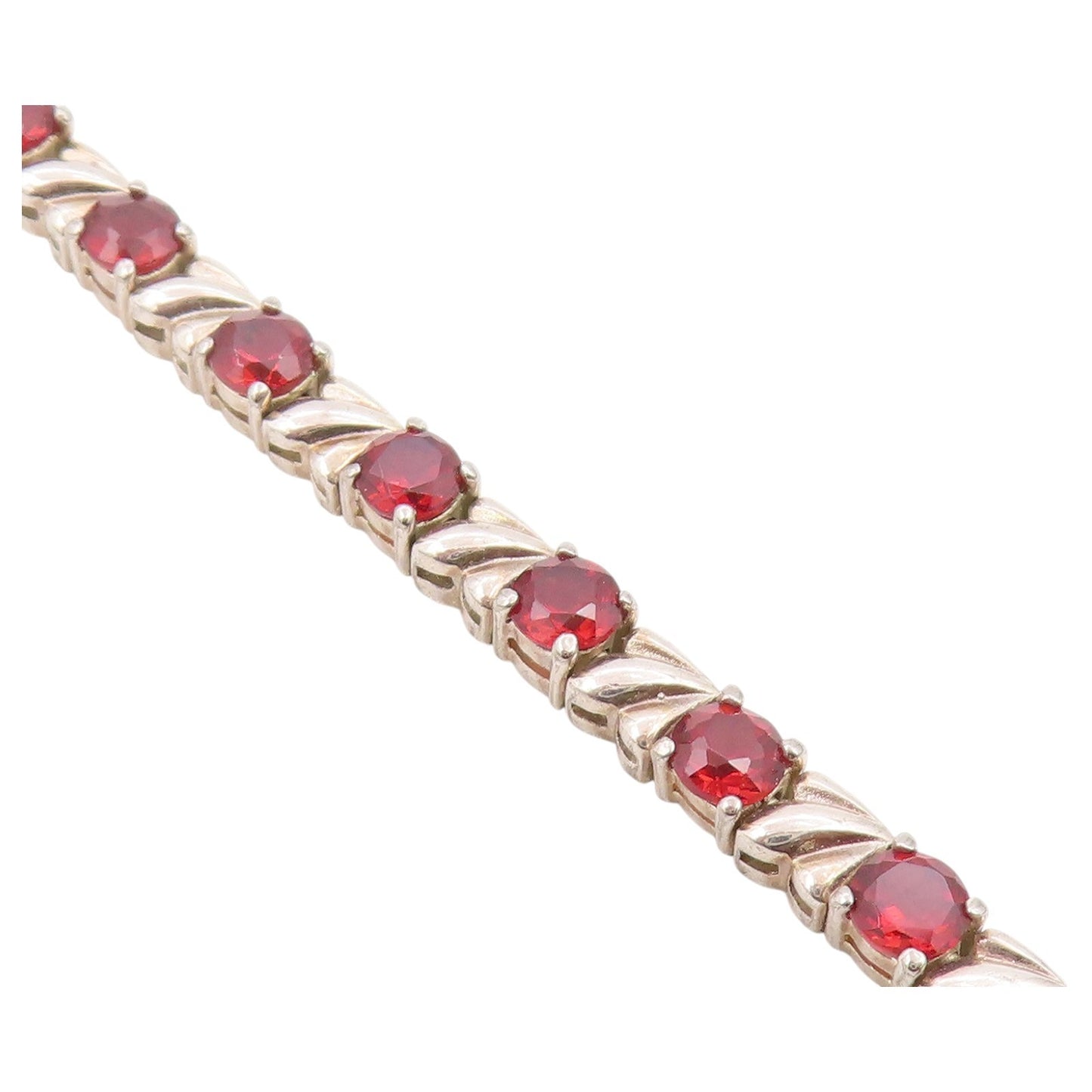 925 Sterling Silver Vintage Bracelet Classic Round Cut Garnet Link  BT12174