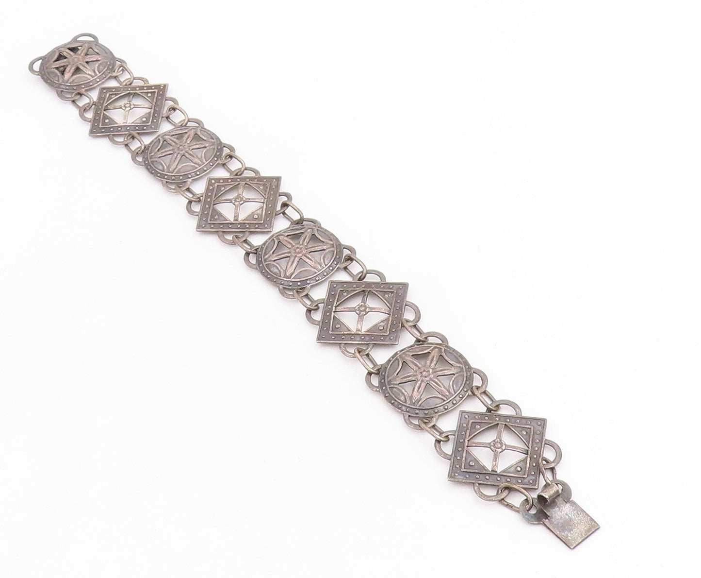 925 Sterling Silver Vintage Bracelet Etched Flower Starburst Motif Link  BT11829