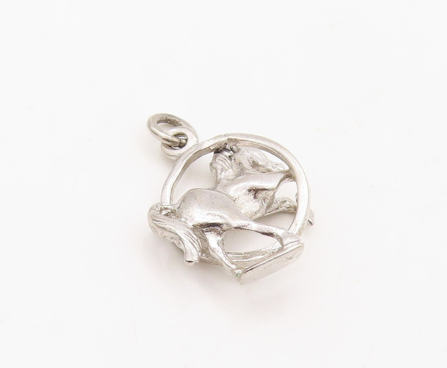 925 Sterling Silver Vintage Pendant Cutout Horse Jumping Out Of Ring  PT23619