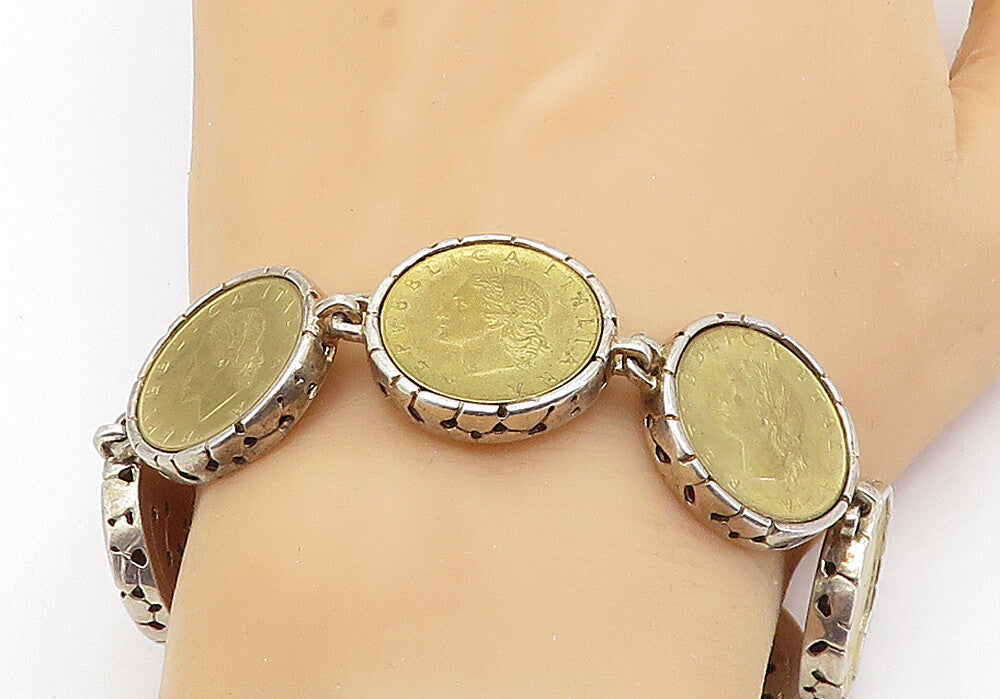 925 Sterling Silver  Vintage Two Tone Italian Coin Link Chain Bracelet  BT2537