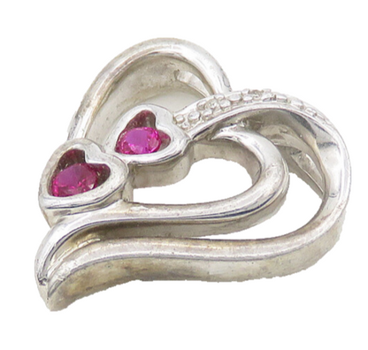 925 Silver  Vintage Genuine Diamonds & Pink Topaz Love Hearts Pendant  PT15149