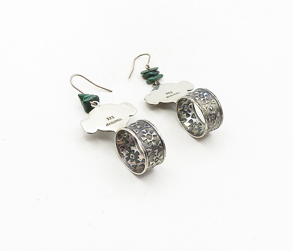 925 Sterling Silver  Vintage Malachite Traditional Face Dangle Earrings EG4648