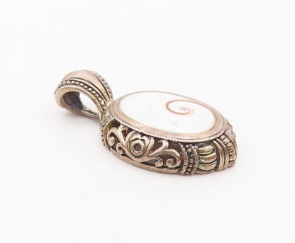 925 Silver  Vintage Unique Inlaid Shiva Shell Scroll Detail Pendant  PT21565