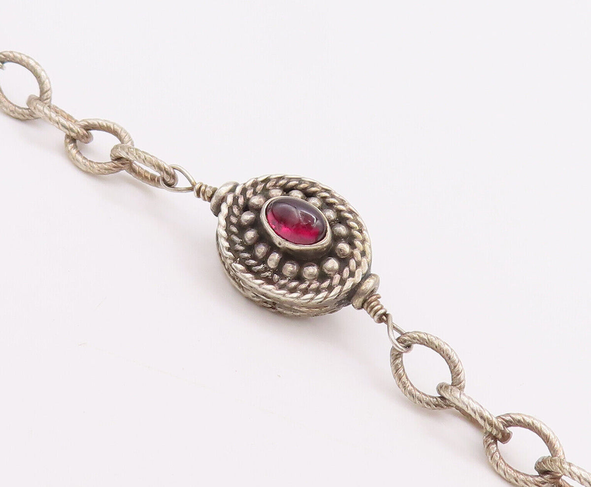 925 Sterling Silver Vintage Bracelet Beaded & Roped Oval Garnet  BT10631