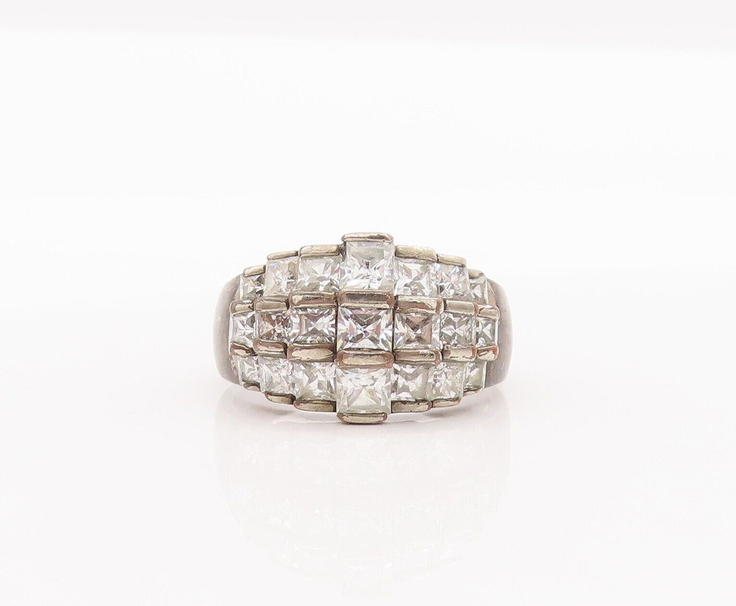 925 Sterling Silver Vintage Ring Square Cut CZ Beaded Bands  Sz 8.5  RG28468