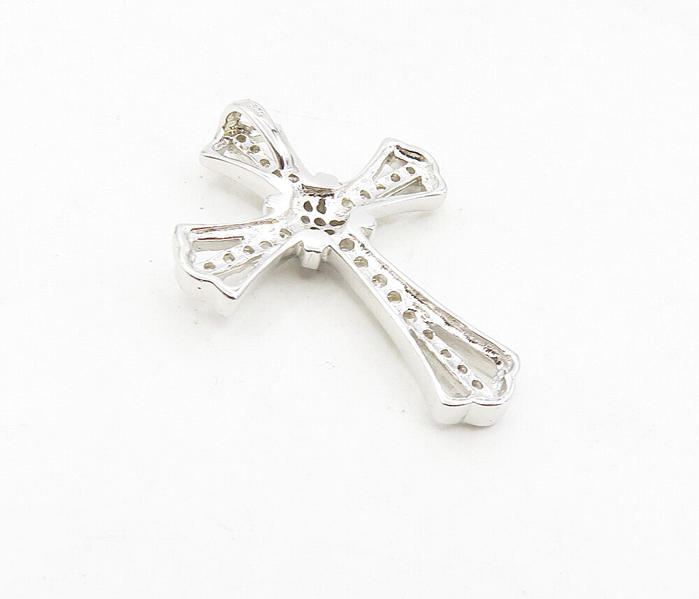 925 Sterling Silver  Shiny White Topaz Floral Religious Cross Pendant  PT6491