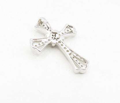 925 Sterling Silver  Shiny White Topaz Floral Religious Cross Pendant  PT6491