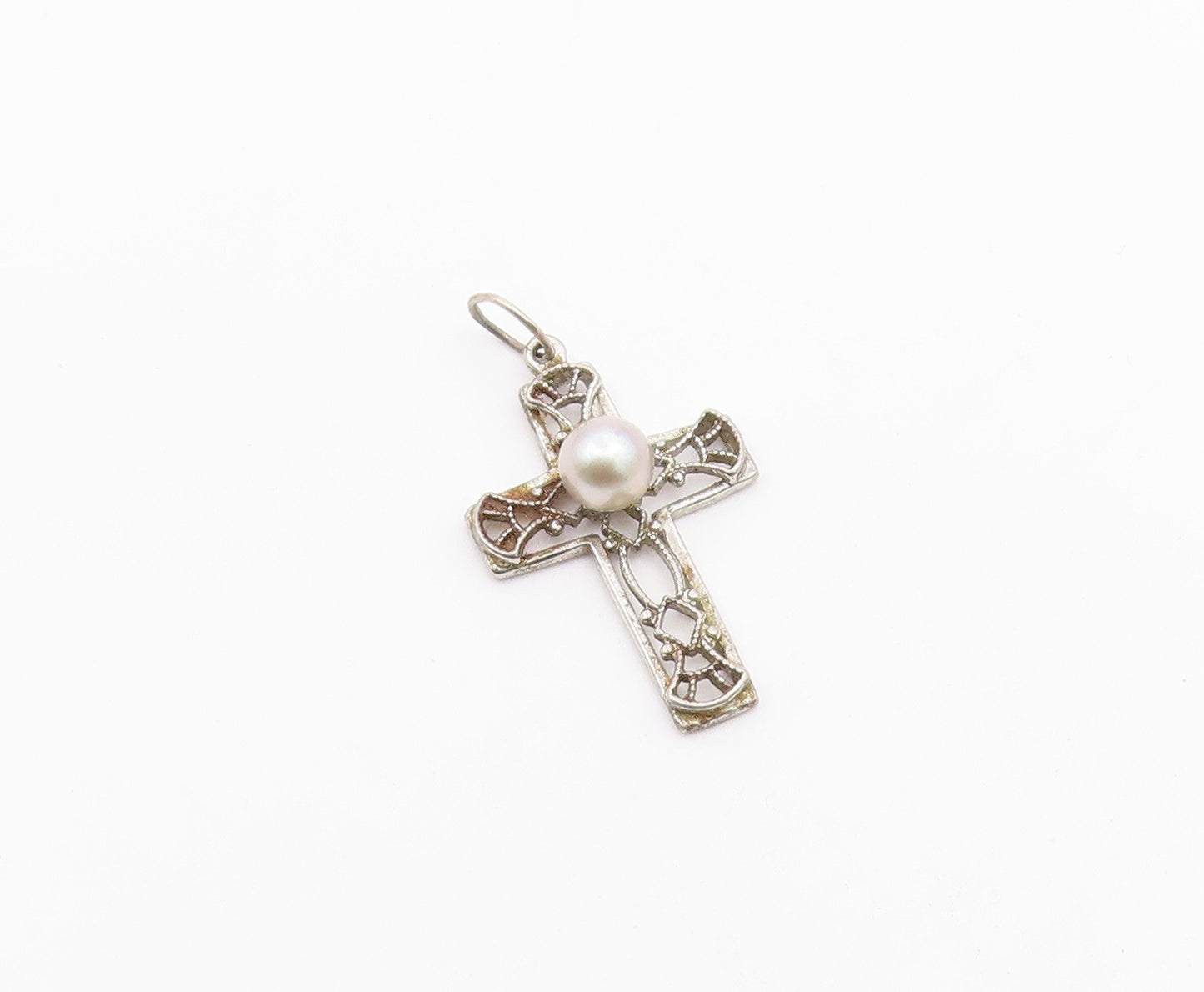 925 Silver  Vintage Openwork Religious Cross Fresh Water Pearl Pendant PT21319