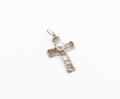 925 Silver  Vintage Openwork Religious Cross Fresh Water Pearl Pendant PT21319
