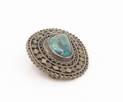 ISRAEL 925 Sterling Silver Vintage Wavy Floral Chrysocolla Brooch Pin BP10134
