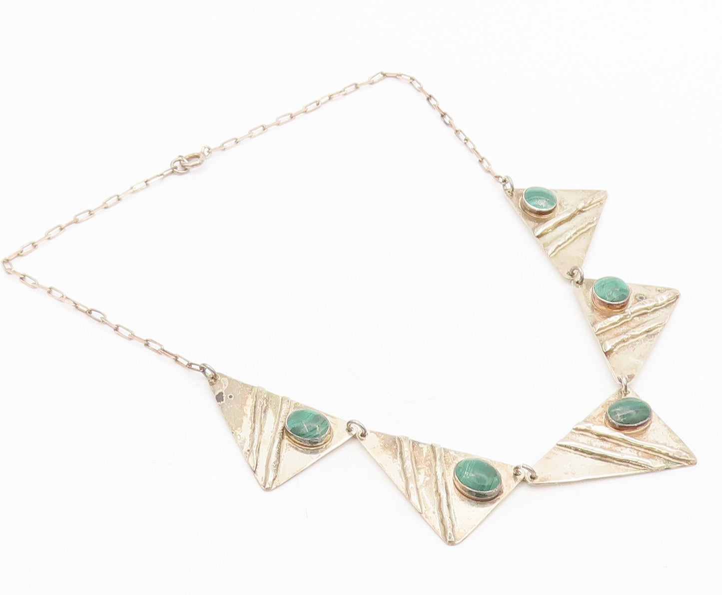 925 Silver  Vintage Modernist Malachite Carved Triangle Necklace  NE4138