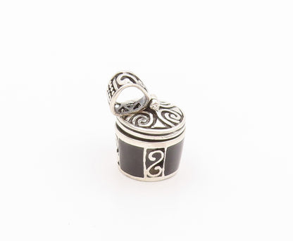 925 Sterling Silver Vintage Pendant Onyx Inlay Swirly Carved Box OPENS  PT24052