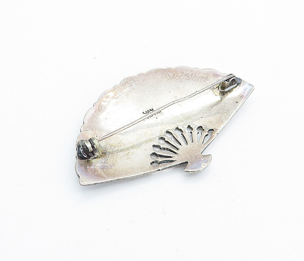 SIAM 925 Sterling Silver  Vintage Enamel Coated Hand Fan Brooch Pin  BP2410
