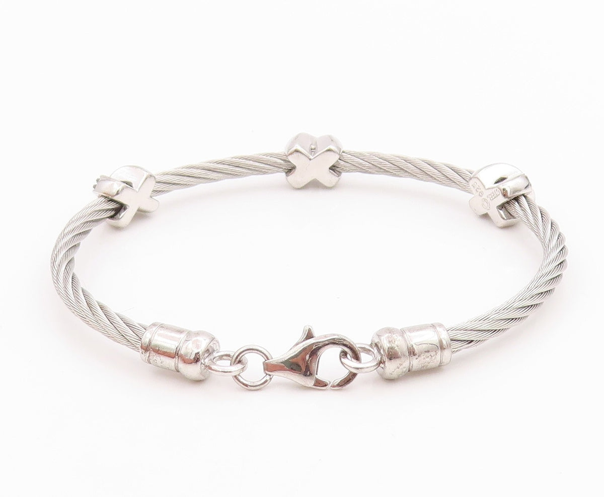 925 Sterling Silver Vintage Bracelet Roped Green CZ Inlay X Bangle  BT11300