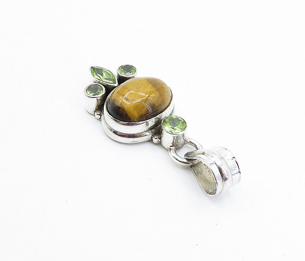 925 Sterling Silver  Vintage Cabochon Cut Tiger's Eye & Peridot Pendant PT3099